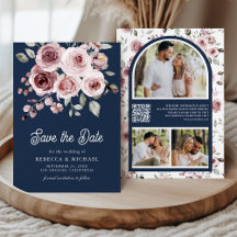 ダスティピンクのバラの写真QRコードネイビーブルーの結婚式