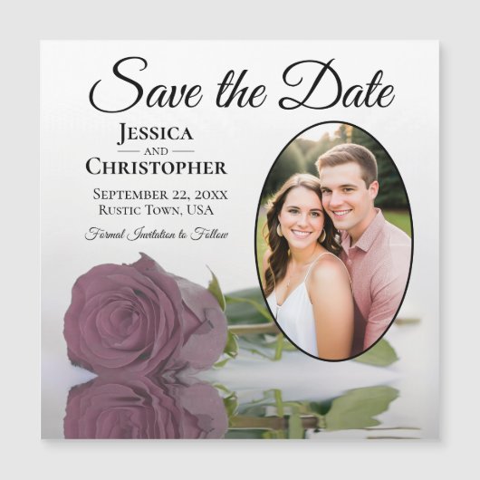 ダスティピンクのバラの結婚式の日付写真のマグネットを保存 (正面)