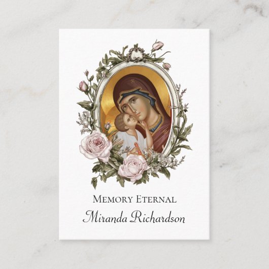 ダスティピンクのバラの花輪の写真付き追悼祈祷カード プレイスカード (正面)