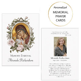 ダスティピンクのバラの花輪の写真付き追悼祈祷カード プレイスカード