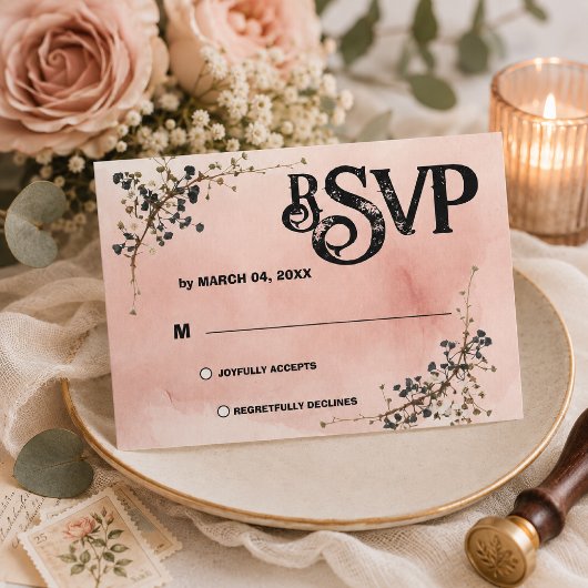 ダスティピンクのボタニカルフラワーの結婚式RSVP 出欠カード