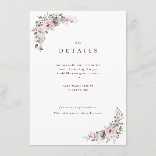 ダスティピンクのボヘミアンフラワールージュスタイルのウェディングディテール エンクロージャーカード (正面)