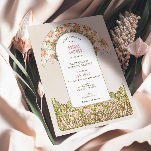 ダスティピンクのマーガレット ブライダルシャワーのアールヌーボー 招待状