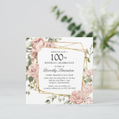 ダスティピンクのローズフラル 100歳の誕生日 招待状 (スタンド正面)