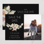 ダスティピンクの桃の花の植物写真 ブラック ウェディング セーブザデート (正面/裏面)