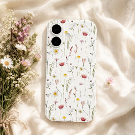 ダスティピンクの水彩画の野の花 iPhone 16ケース