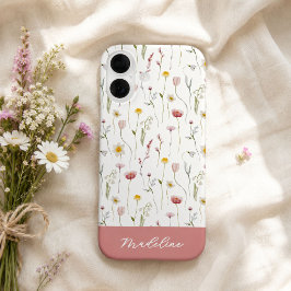 ダスティピンクの水彩画風の野の花の名前 iPhone 16ケース