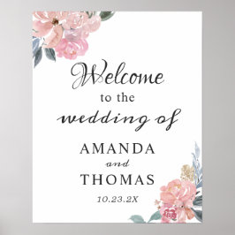 ダスティピンクの田舎風フラワーズ ウェディング ウェルカムサイン ポスター