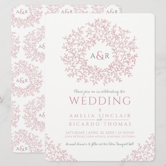 ダスティピンクの白い手描きの葉のモノグラム結婚式 招待状 (正面/裏面)