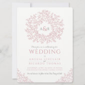ダスティピンクの白い手描きの葉のモノグラム結婚式 招待状 (正面)