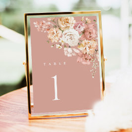ダスティピンクの結婚式テーブルナンバーカード、バラのフラワー