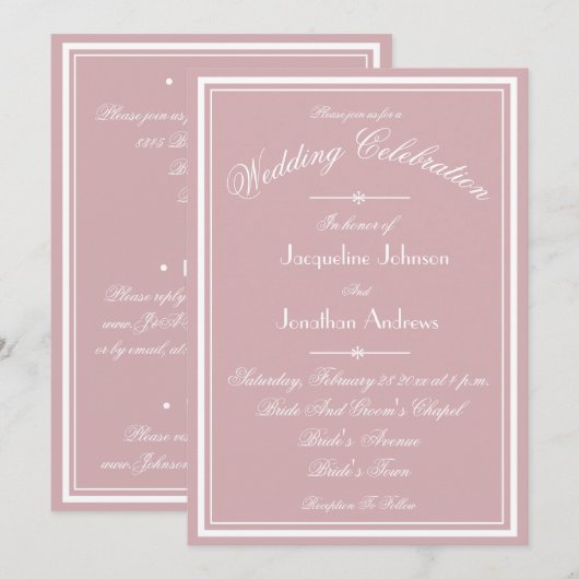 ダスティピンクの結婚式 白い装飾文字のワンストップRSVP 招待状 (正面/裏面)