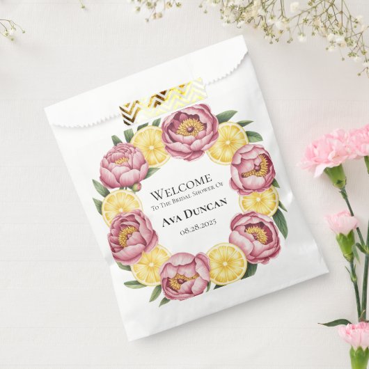 ダスティピンクの芍薬とレモンの ブライダルシャワー フェイバーバッグ (封をした状態)