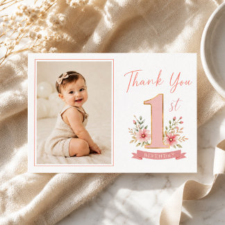 ダスティピンクの花の女の子1歳の誕生日写真 サンキューカード