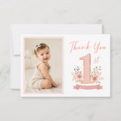 ダスティピンクの花の女の子1歳の誕生日写真 サンキューカード (正面)
