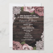 ダスティピンクの花モチーフが施された素朴な木製の婚約指輪 招待状 (正面)