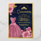 ダスティピンクの花柄ドレス ネイビーブルーのキンセアネラ ゴールド 箔招待状 (正面)