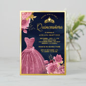 ダスティピンクの花柄ドレス ネイビーブルーのキンセアネラ ゴールド 箔招待状 (立ち正面)