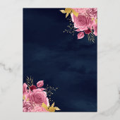 ダスティピンクの花柄ドレス ネイビーブルーのキンセアネラ ゴールド 箔招待状 (裏面)