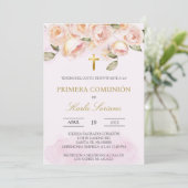 ダスティピンクの花柄 スペイン語の初めての聖体拝領 招待状 (スタンド正面)