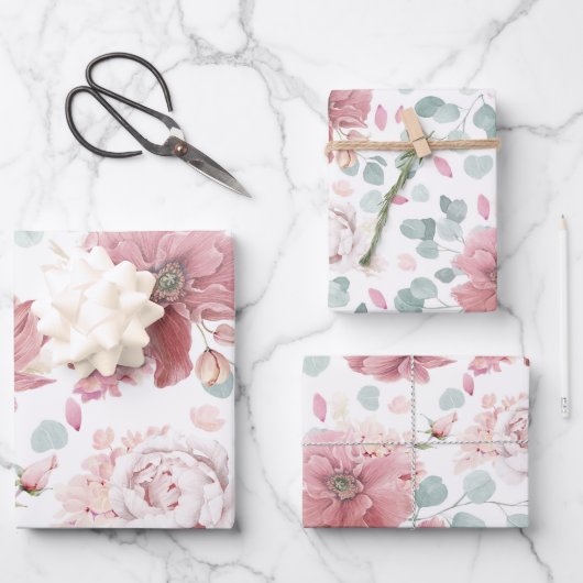 ダスティピンクの花 エレガントな植物パターン ラッピングペーパーシート (正面)