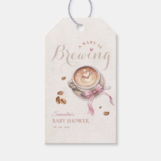 ダスティピンクの bow がついたコーヒー ベイビー は ベイビーシャワーをブレンドしています ギフトタグ (正面)