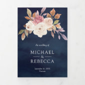 ダスティピンクアイボリーフローラネイビーブルーQRコード結婚ズ 三つ折り招待状 (カバー)