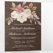 ダスティピンクアイボリーフローラバーンウッドQRコード結婚ズ 三つ折り招待状 (内部最初)