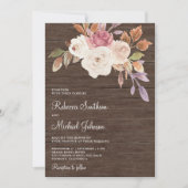 ダスティピンクアイボリー フラワー オールインワン ウッド ウェディング 招待状 (正面)