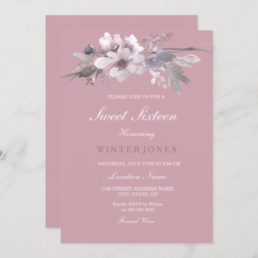 ダスティピンクエレガントフローラスウィート16招待状 招待状 (正面/裏面)