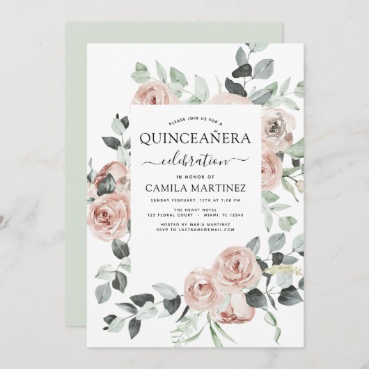 ダスティピンクキンセアニラフローラグリーン招待状 招待状 (正面/裏面)