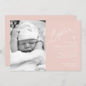 ダスティピンククロスガールフォトバプテスマ招待状 招待状 (正面/裏面)