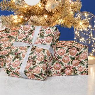 ダスティピンクゴールドクリスマスオーナメントパインスプリグ ラッピングペーパー
