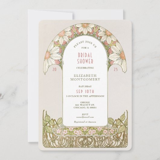 ダスティピンクデイジーブライダルシャワーアールヌーボー 招待状 (正面)