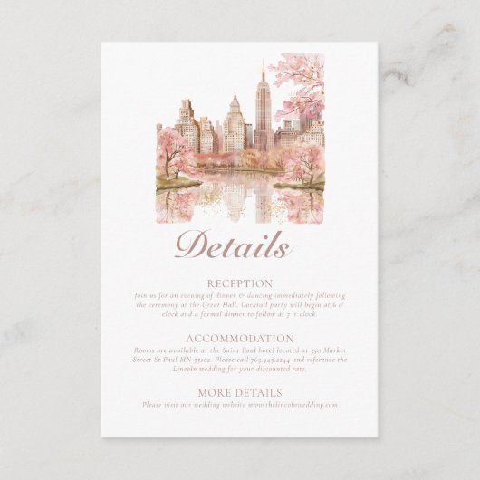 ダスティピンクニューヨーク行き先結婚式詳細 エンクロージャーカード (正面)