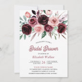 ダスティピンクバーガンディフローラ写真ブライダルシャワー 招待状 (正面)