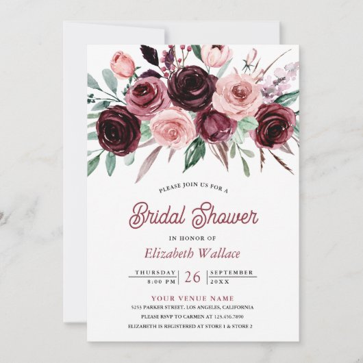 ダスティピンクバーガンディフローラ写真ブライダルシャワー 招待状 (正面)