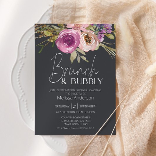 ダスティピンクパープルフローラ炭ブライダルブランチ 招待状