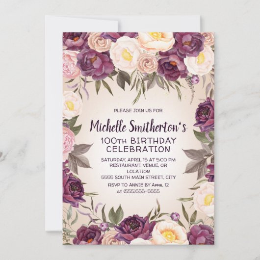 ダスティピンクパープルフローラ100誕生日 招待状 (正面)