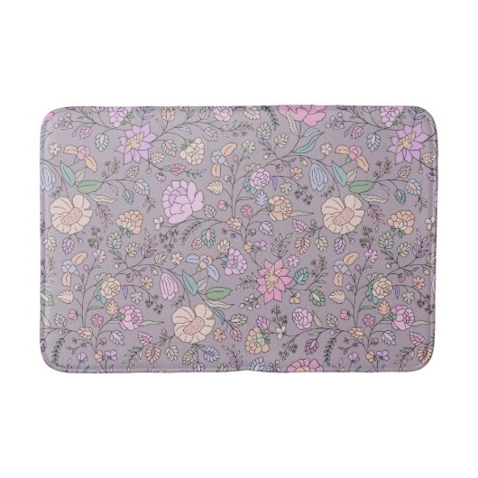 ダスティピンクパープルベージュお洒落カラフルフローラ バスマット (正面)