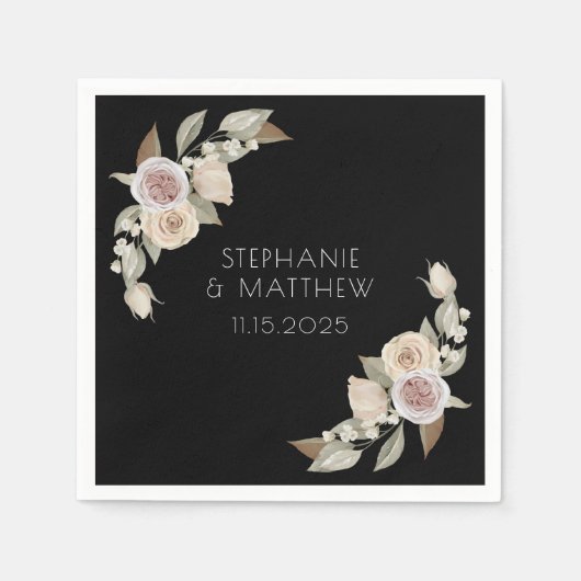 ダスティピンクピーチバラボタニカルブラック結婚ズ スタンダードカクテルナプキン (正面)