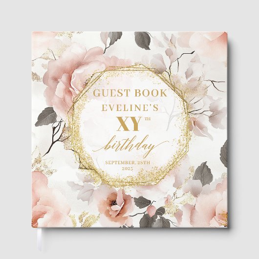 ダスティピンクフェミニンアイボリー金ゴールド誕生日ゲストブック ゲストブック (正面)