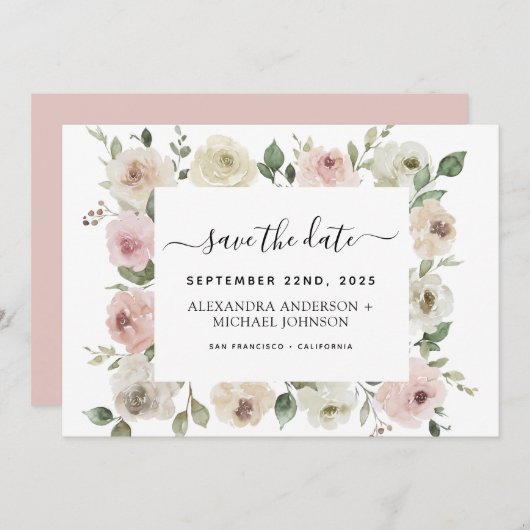 ダスティピンクフローラの緑がInvitatiの日付を保存 招待状 (正面/裏面)