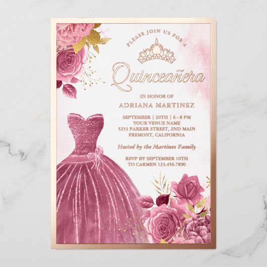 ダスティピンクフローラガウンキンセアニェラバラ金ゴールド 箔招待状 (正面)