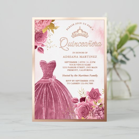 ダスティピンクフローラガウンキンセアニェラバラ金ゴールド 箔招待状 (立ち正面)