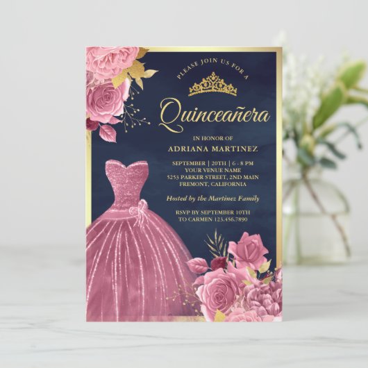 ダスティピンクフローラガウンネイビーブルー金ゴールドキンセアニェラ 招待状 (スタンド正面)