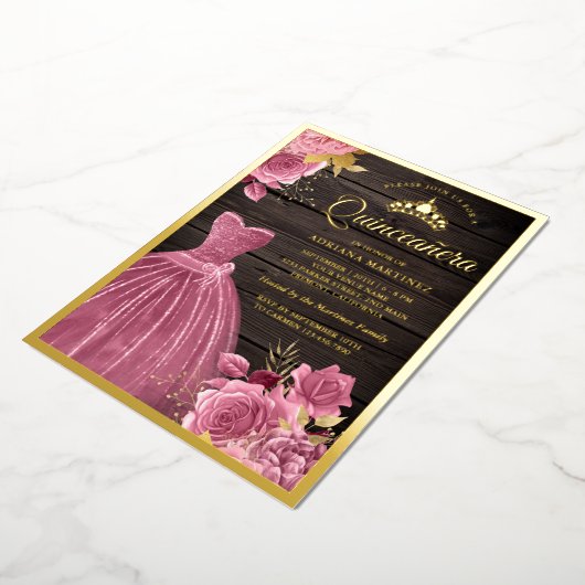 ダスティピンクフローラガウンバーンウッドキンセアニェラ金ゴールド 箔招待状 (回転した状態)