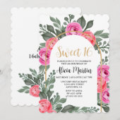 ダスティピンクフローラグリーナリーバラ金ゴールドスウィート16 招待状 (正面/裏面)