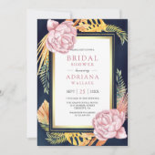 ダスティピンクフローラボホパームネイビーブライダルシャワー 招待状 (正面)