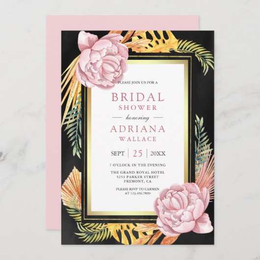 ダスティピンクフローラボホパームブラックブライダルシャワー 招待状 (正面/裏面)